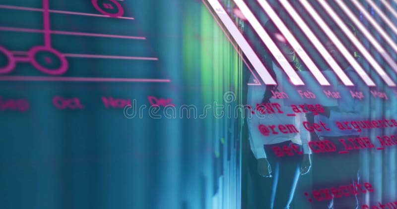 Animation of diagrams and data processing over workers in server room vector illustration