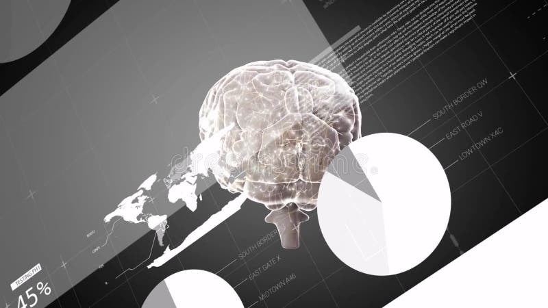 In animation, digital brain model with data and world map in futuristic interface stock video