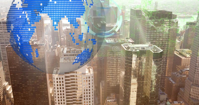 Animation of digital brain, moving clocks and globe over cityscape stock illustration
