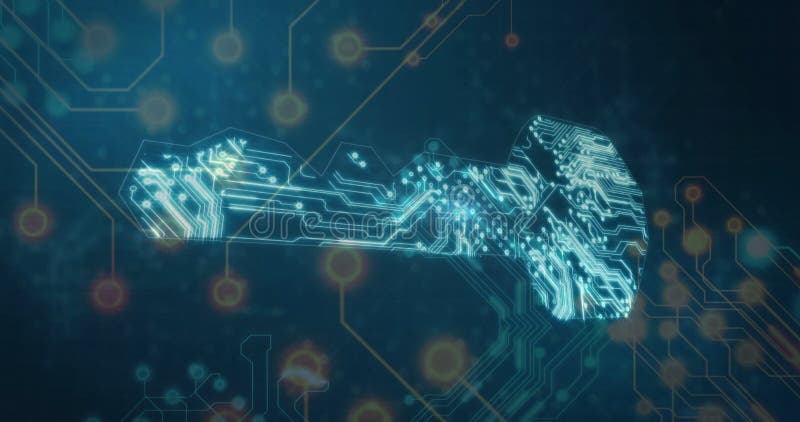 In animation, digital circuit pattern forming key shape for cybersecurity in school royalty free illustration