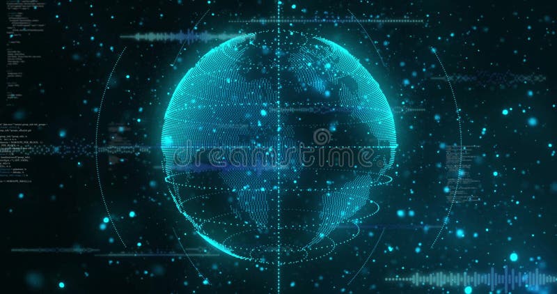 In animation, digital globe with glowing data points connecting in space stock illustration