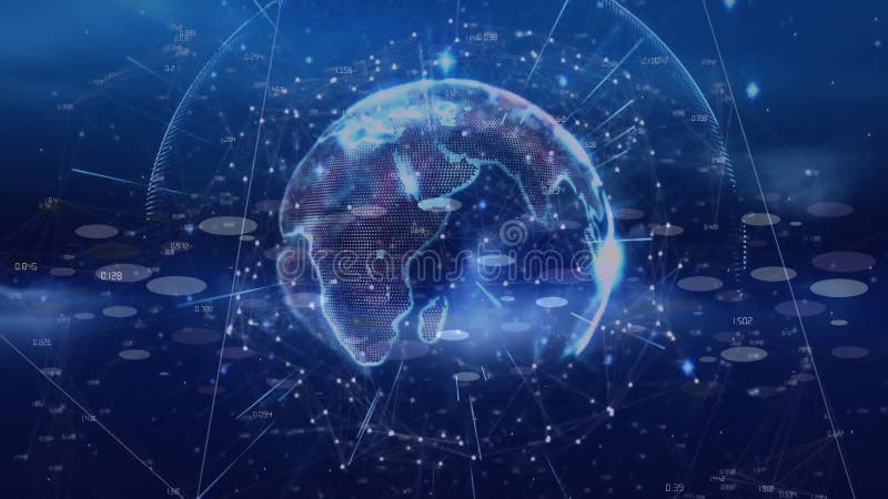In animation, digital globe with network connections and data points in blue space royalty free illustration