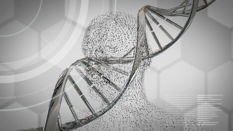 Animation of digital human head over double helix of DNA strand rotating on grey background vector illustration