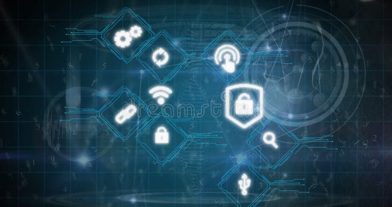 Animation of digital icons over data processing and network of connections on blue background stock illustration