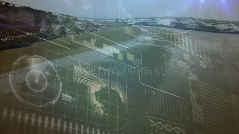 Animation of digital interface with data overlaying snowy mountain landscape stock footage