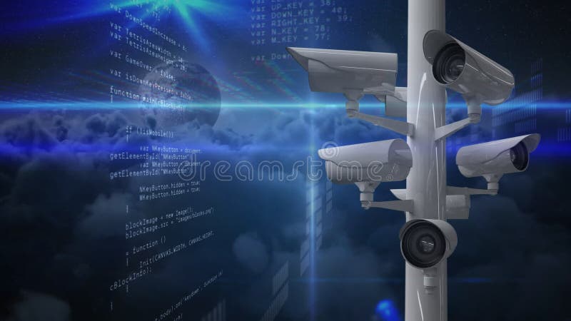 Animation of digital interface showing information with globe and moving clouds and security cameras vector illustration