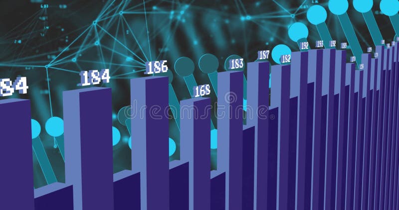 In animation, digital network connections with glowing nodes showing bar graph data stock illustration