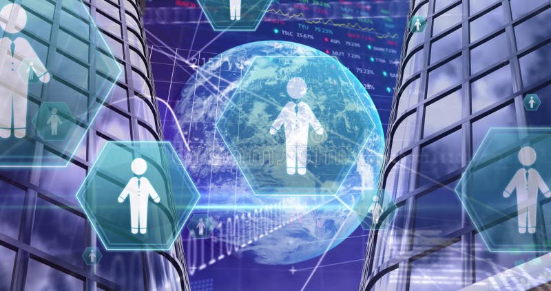 Animation of digital people icons, globe and data processing in background vector illustration