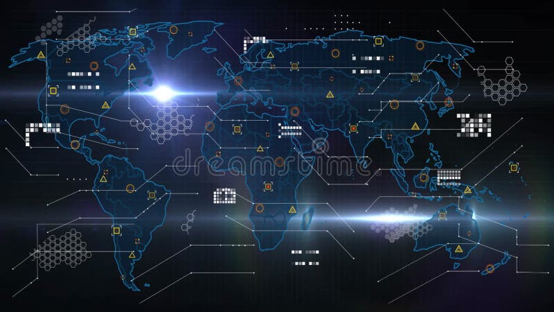 In animation, digital world map showing data points and network connections vector illustration