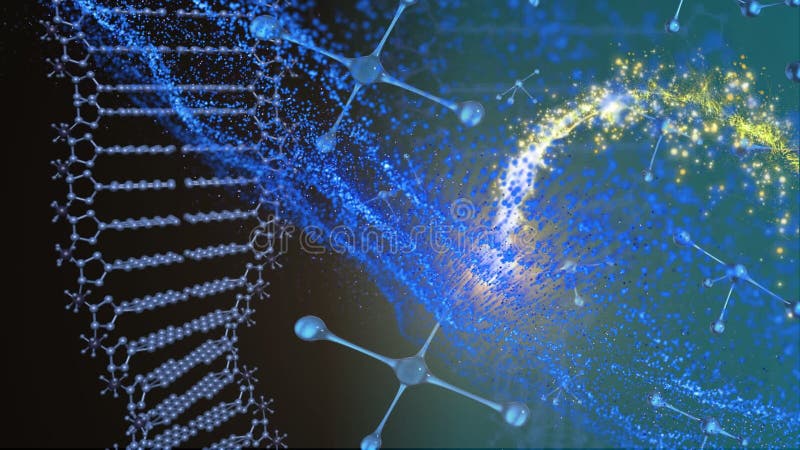 Animation of dna chain rotating over molecules and lights in blue and black space vector illustration
