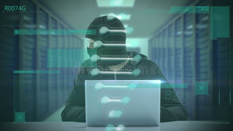 Animation of dna and data processing over caucasian male hacker royalty free illustration