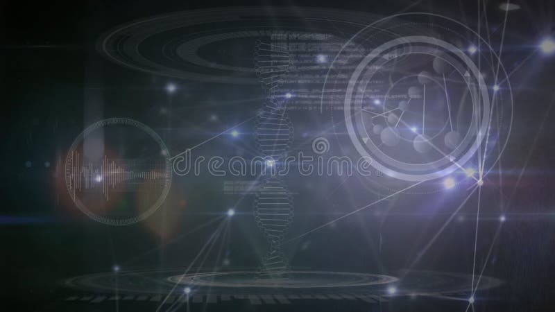 Animation of dna strand spinning over connections, scientific data processing on blue background stock video