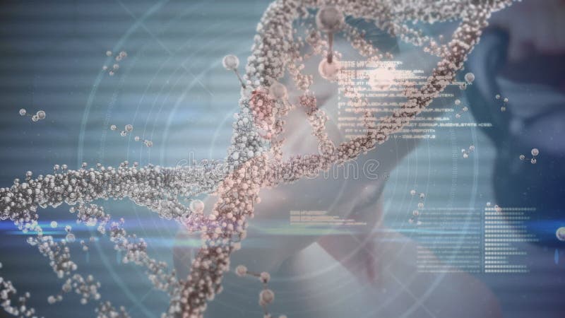 Animation of dna strand spinning over data processing and exercising strongman stock illustration