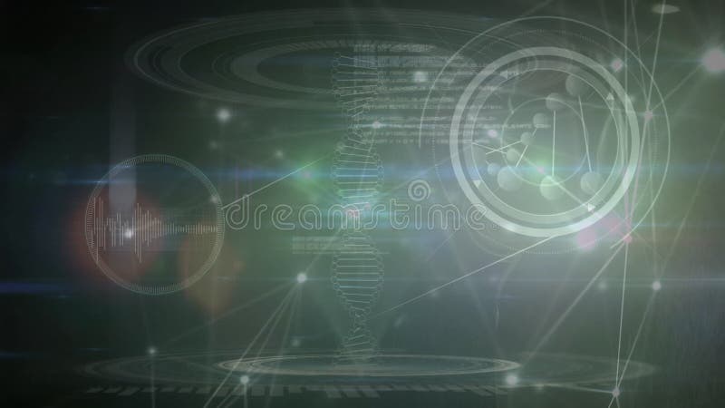 Animation of dna strand spinning over scientific data processing on blue background stock footage