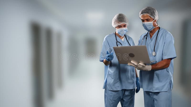 Animation of doctors wearing coronavirus Covid-19 and using laptop stock illustration