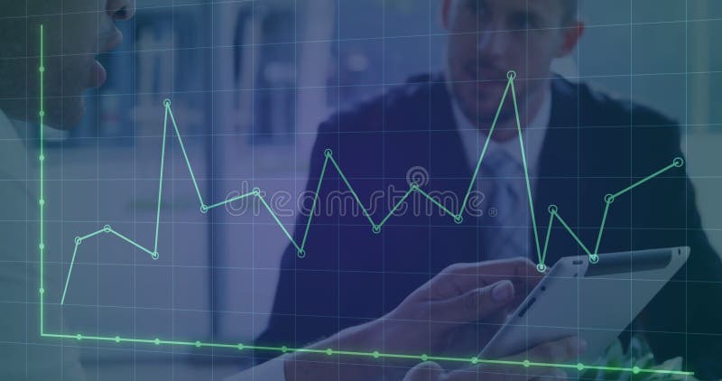 Animation of dots forming graph over grid pattern against diverse coworkers discussing reports stock footage