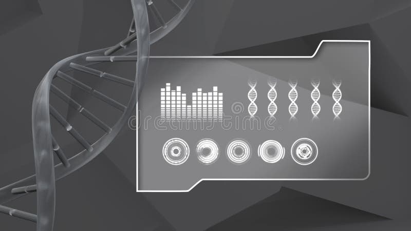 Animation of double helix DNA strand spinning with data processing stock illustration