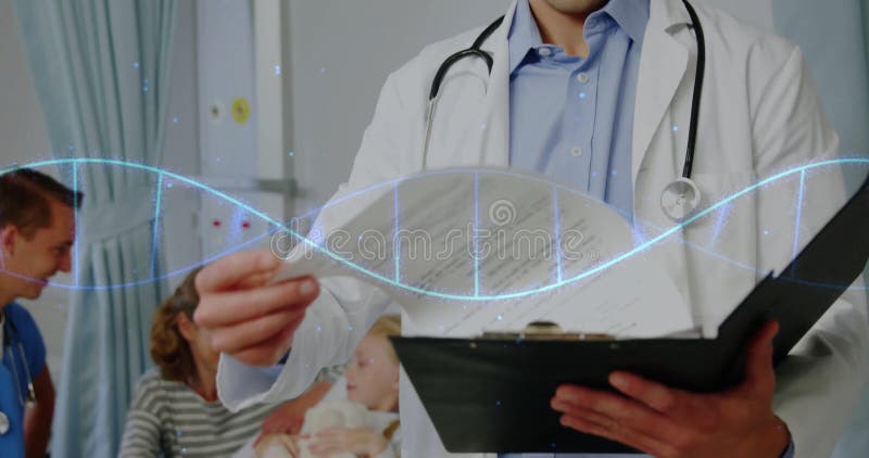 Animation du brin d'adn sur le caucasien mâle médecin lecture documents banque de vidéos