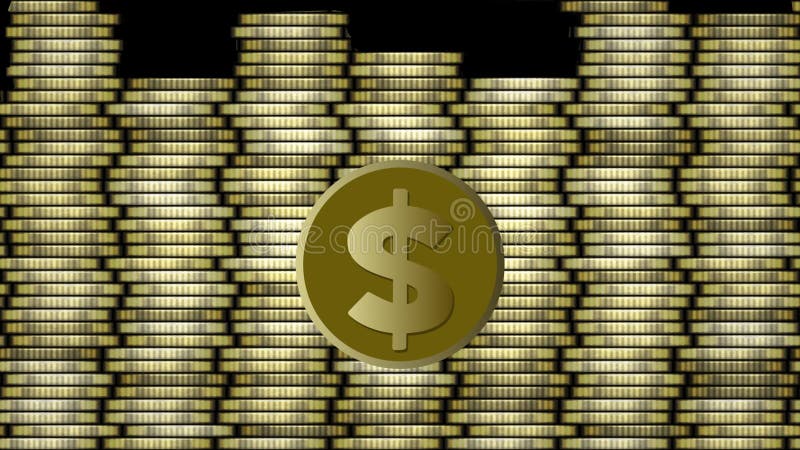 Animation du dollar, pièce de monnaie d'or avec le symbole américain du dollar passant le fond composé de colonnes d'or de pièces illustration libre de droits