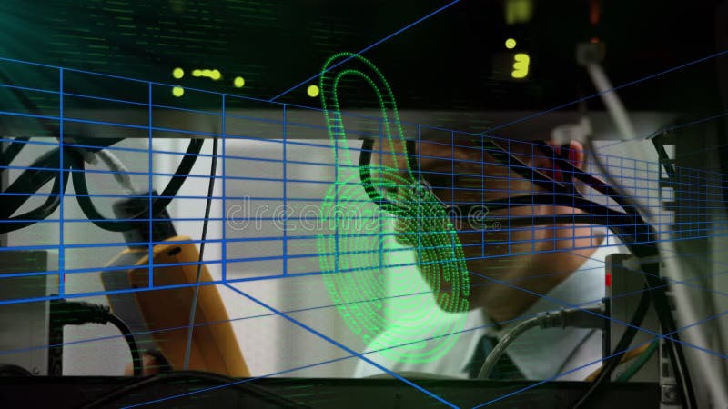 Animation du globe and data processing sur une femme d'affaires utilisant une tablette banque de vidéos