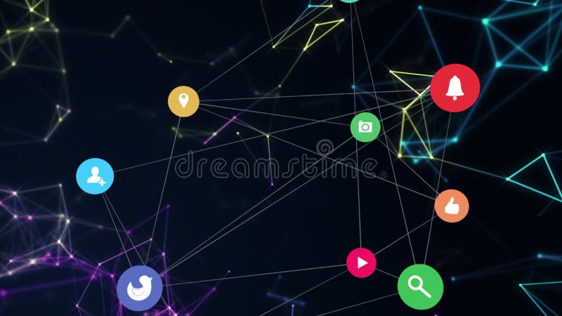 Animation du réseau des connexions avec les icônes numériques flottant au-dessus des figures géométriques illustration libre de droits