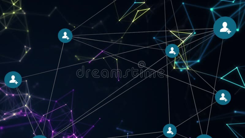 Animation du réseau des connexions avec les icônes numériques flottant au-dessus des figures géométriques illustration de vecteur