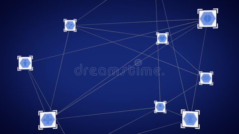 Animation du réseau des connexions avec les icônes numériques flottant sur le fond bleu. illustration stock
