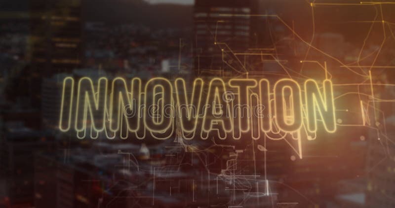 Animation du texte de l'innovation et des connexions sur le paysage urbain illustration libre de droits