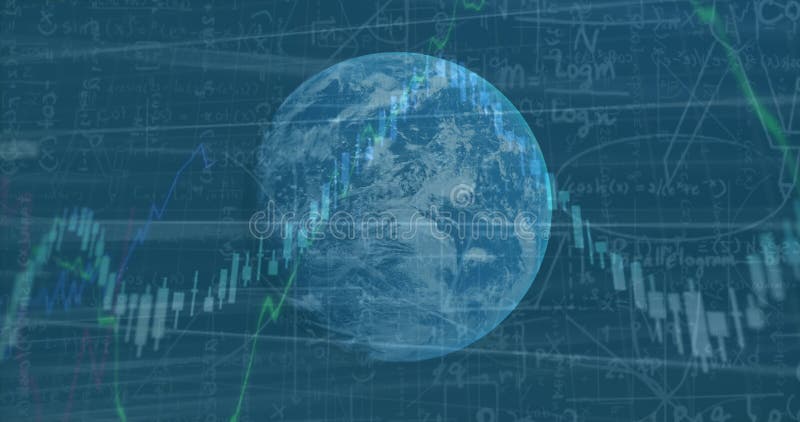 Animation du traitement des données financières sur le globe et formules mathématiques illustration libre de droits