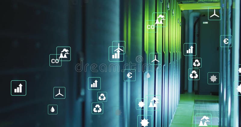 Animation of ecology icons over server room stock video