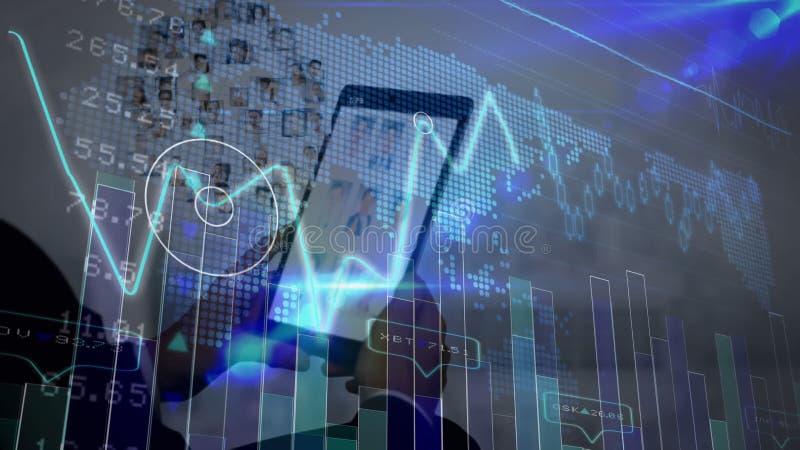 Animation einer kaukasischen Geschäftsfrau, die Tablet über die Datenverarbeitung verwendet lizenzfreie abbildung