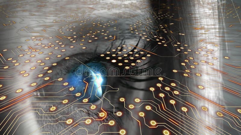 Animation eines integrierten Schaltkreises über blaues Auge einer Kaukasierin stock footage