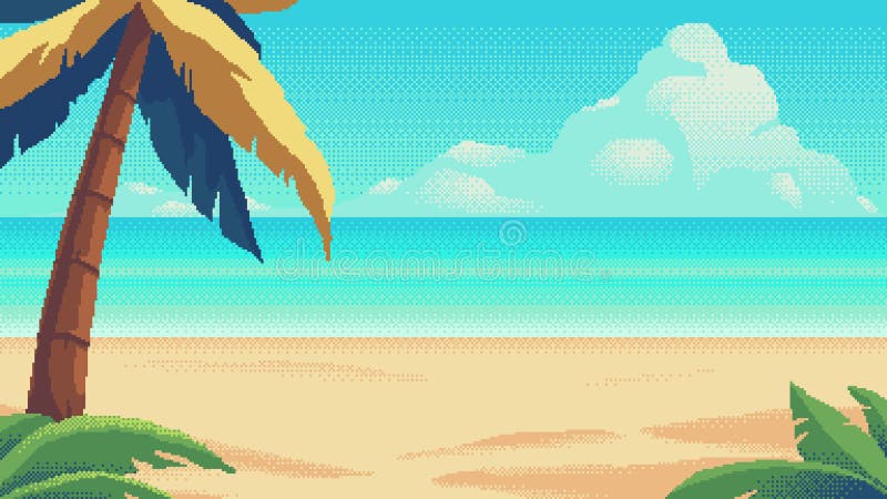 Animation en boucle d'une plage tropicale d'art pixel avec un ciel de palmier brillant et des vagues douces se léchant sur le riva clips vidéos