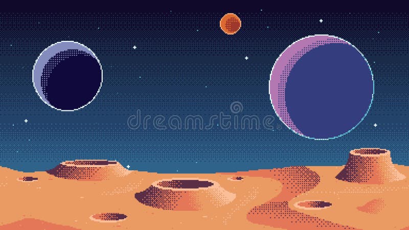 Animation en boucle de pixel art fond de la planète avec des lunes dans le ciel. lieu de jeu cosmique animé. transparent illustration de vecteur