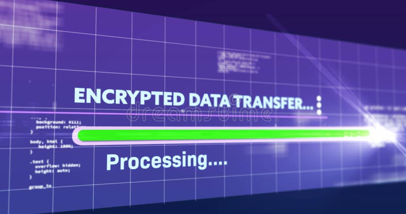 Animation of encrypted data transfer text flickering digital interface on screen vector illustration