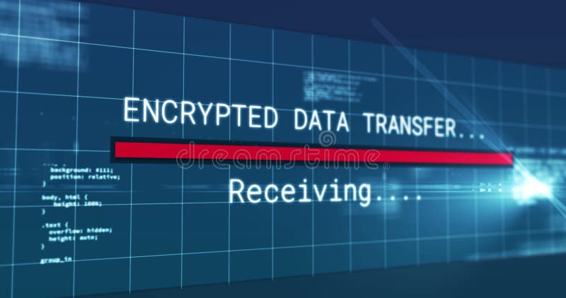 Animation of encrypted data transfer text flickering digital interface on screen stock illustration