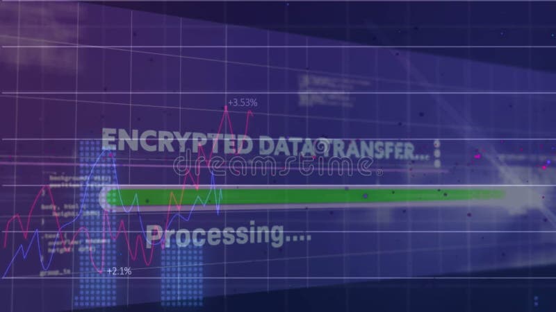 Animation of encrypted data transfer text on interface over charts and processing data stock illustration