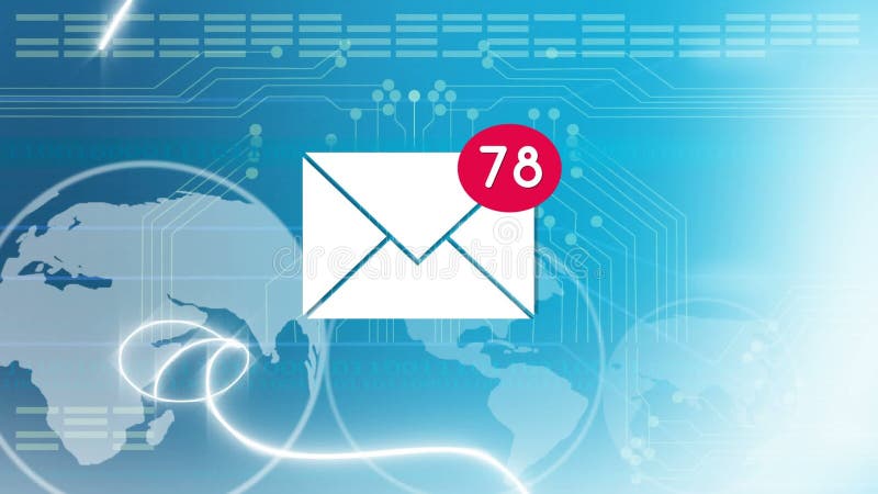 Animation of envelope icon with growing number of messages over globe spinning royalty free illustration