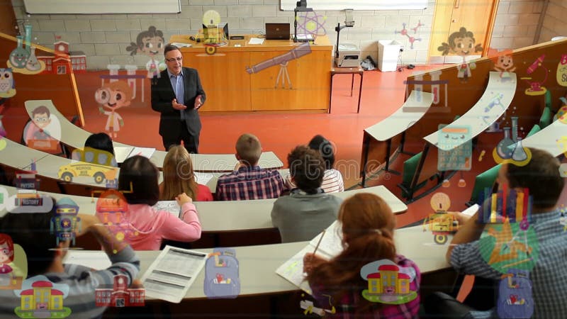 Animation of falling icons over diverse students in class at school stock illustration