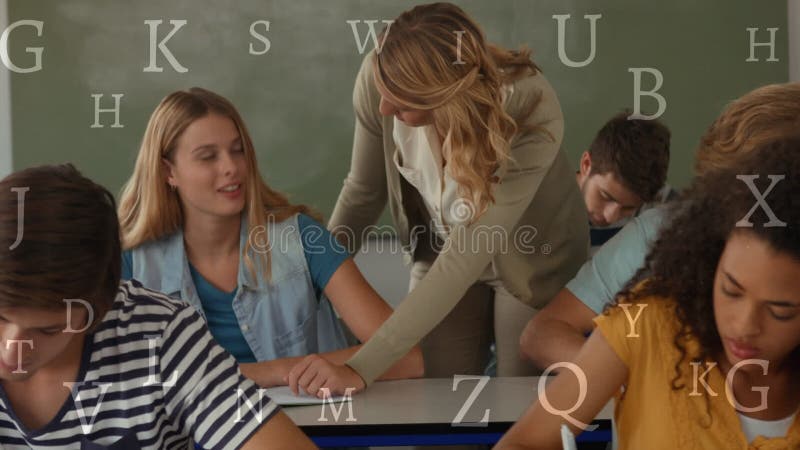 Animation of falling letters over diverse students in class at school stock illustration