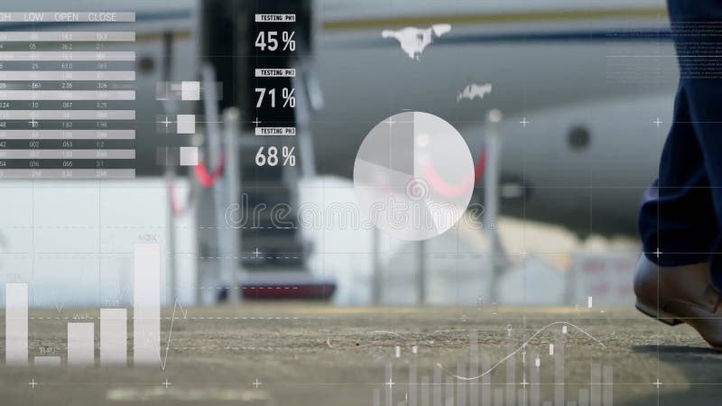 Animation of financial data processing over airplane stock video