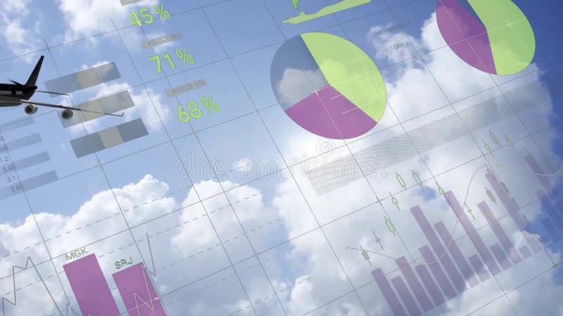 Animation of financial data processing over airplane stock video footage