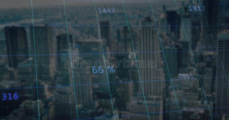 Animation of financial data processing over cityscape stock video footage