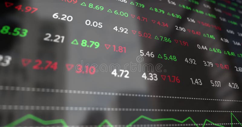 Animation of financial data processing over cityscape stock video footage