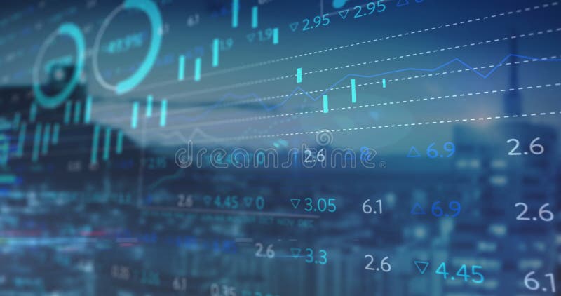 Animation of financial data processing over cityscape stock video footage