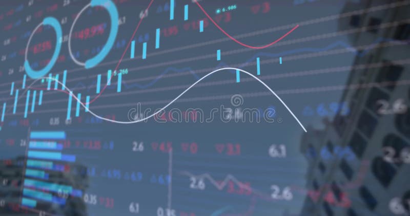 Animation of financial data processing over cityscape stock footage