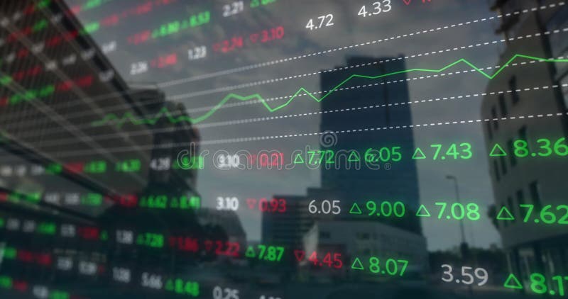 Animation of financial data processing over cityscape stock video
