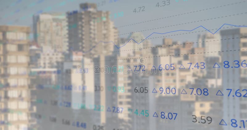 Animation of financial data processing over cityscape stock video