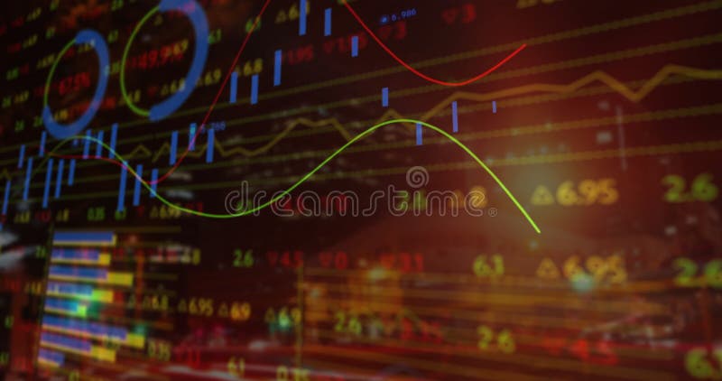 Animation of financial data processing over cityscape stock video footage