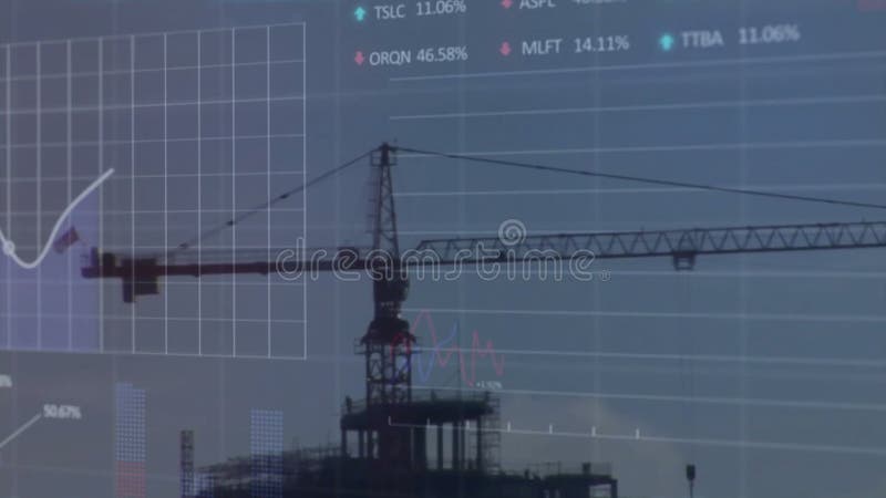 Animation of financial data processing over crane stock video footage